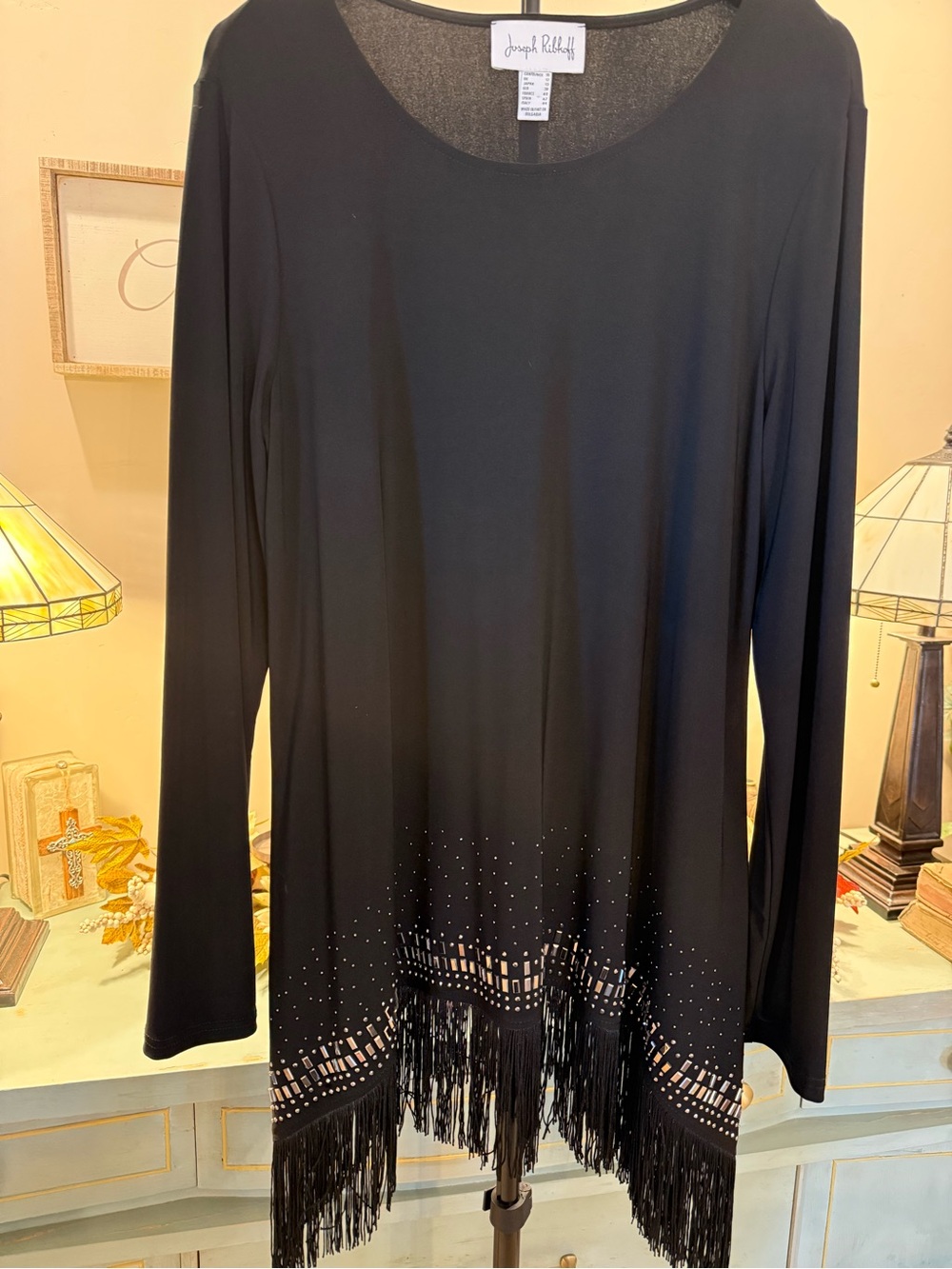 Joseph Ribkoff Black Rhinestone Fringe Tunic Top Size 10 Embellished